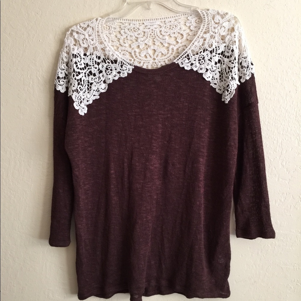 C light brown sweater with lace upper bodice